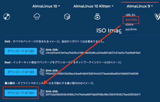 AlmaLinuxのインストールISOをダウンロードする