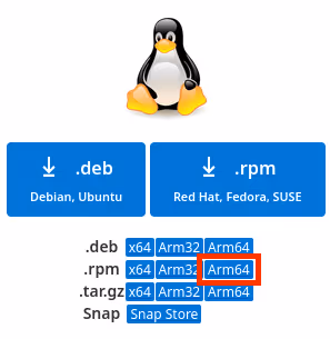 VSCodeのRPMパッケージダウンロード画面