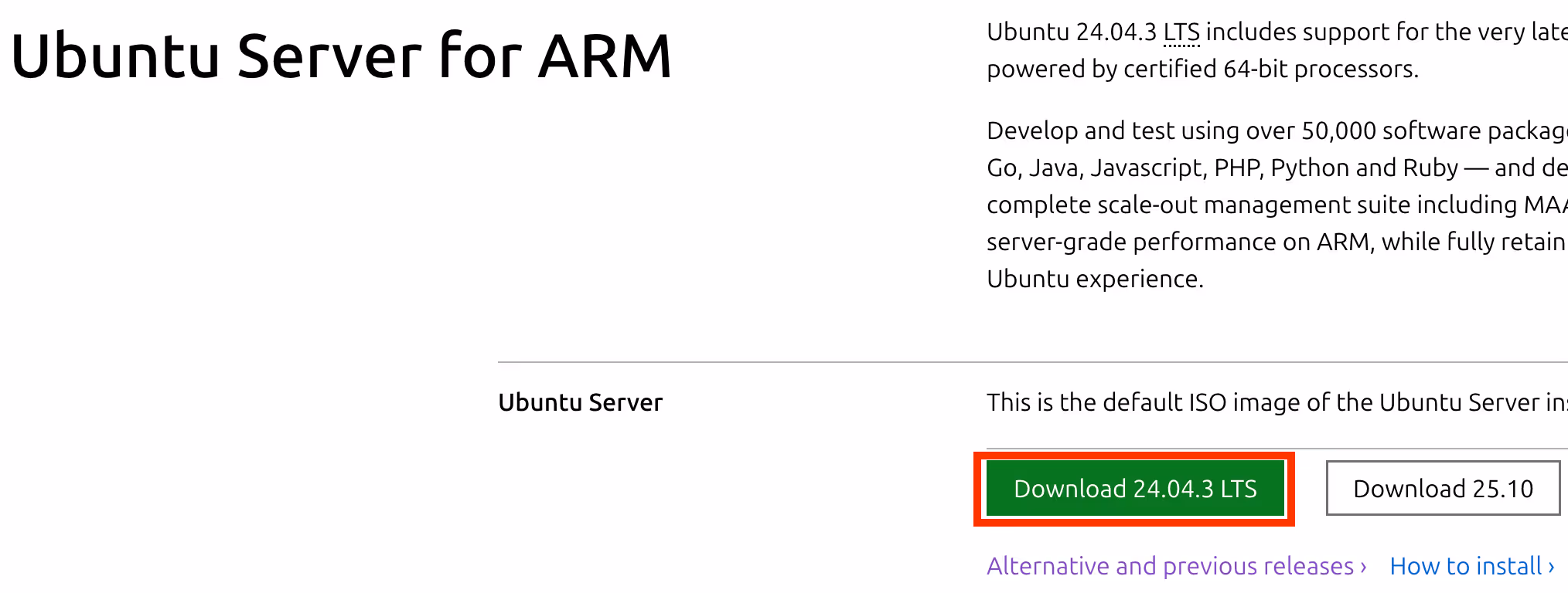 ARM64用Ubuntu ServerのISOダウンロードページ